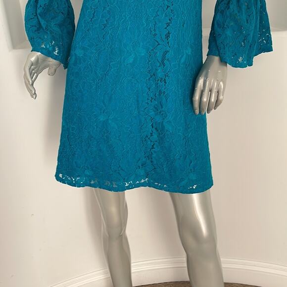 Laundry By Shelli Segal Bell Sleeve Lace A-Line Dress Blue Size 6 - Picture 8 of 14